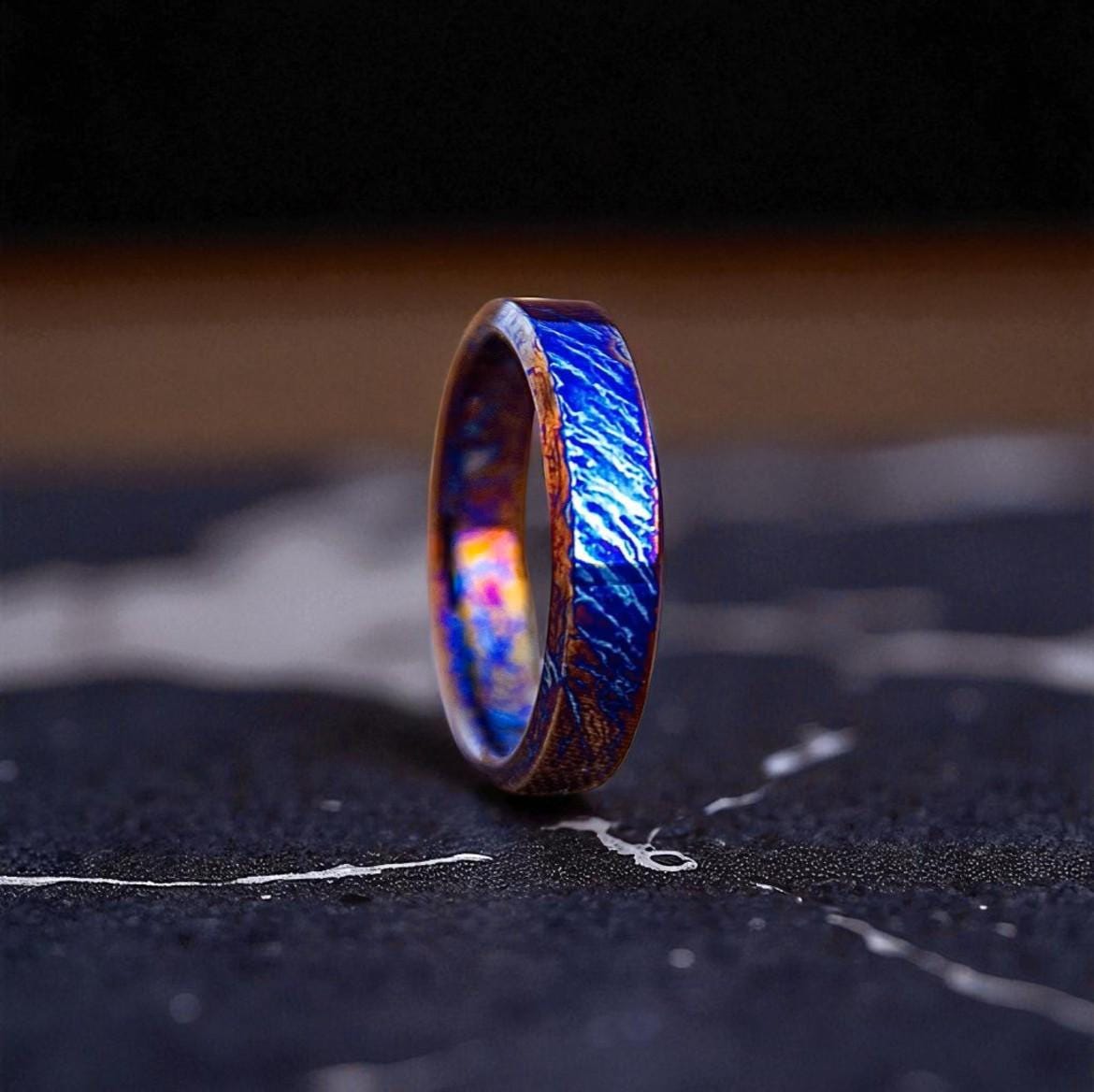 Handmade Flame Titanium Ring – Bold Iridescent Band – Colorful Wedding or Statement Jewelry.