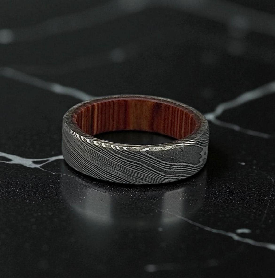 Damascus Steel Ring with Whiskey Barrel Wood Liner: Rustic Wedding Band