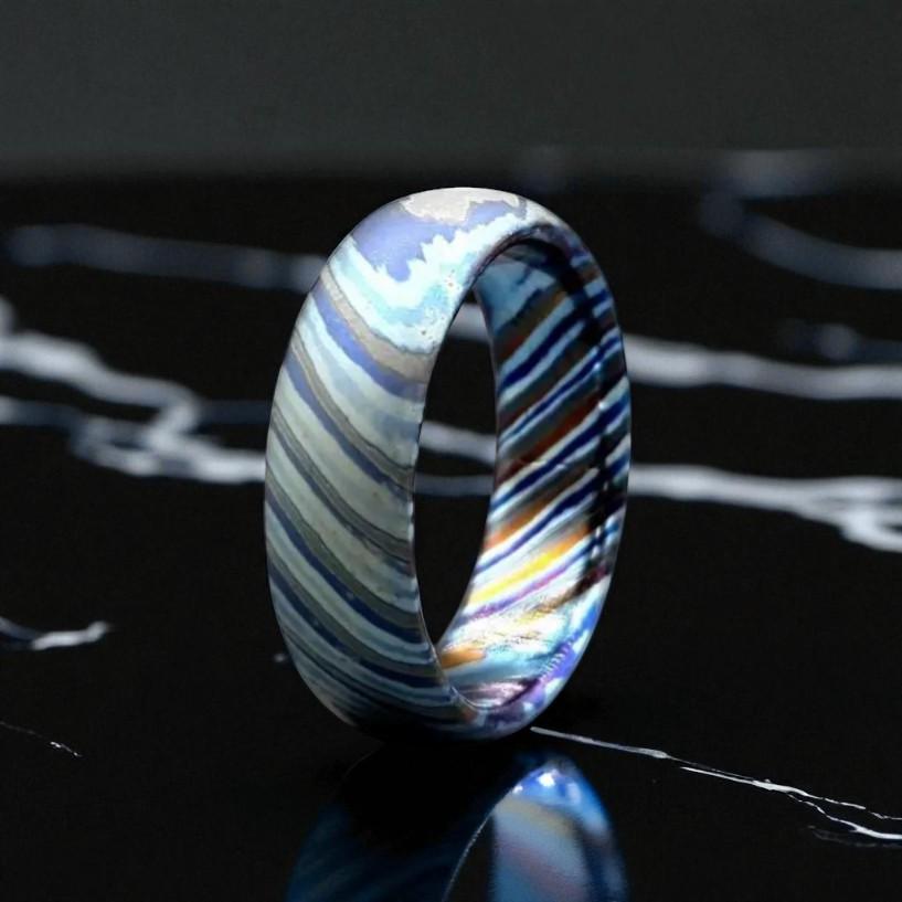 Handmade Zirconium Damascus Ring: Unique Black Wedding Band