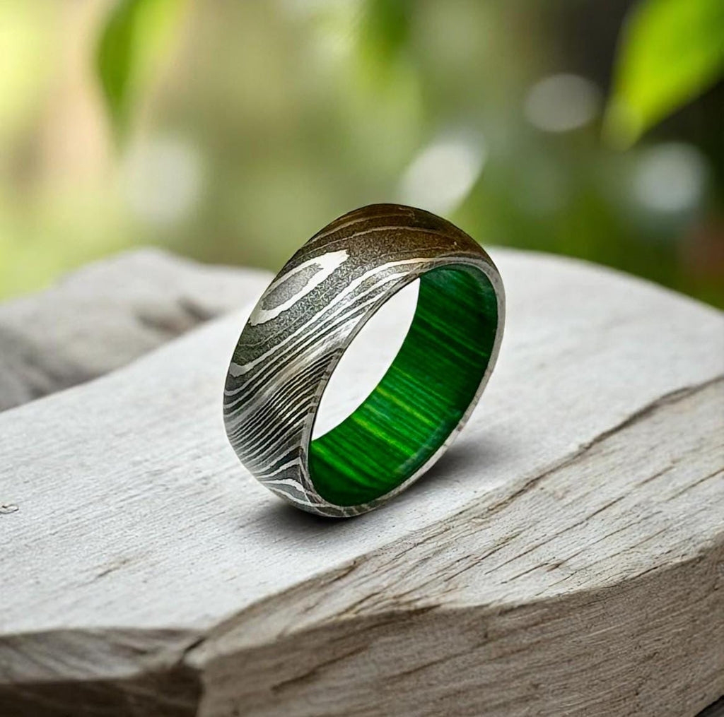 Damascus Steel Ring: Titanium Band with Green Interior