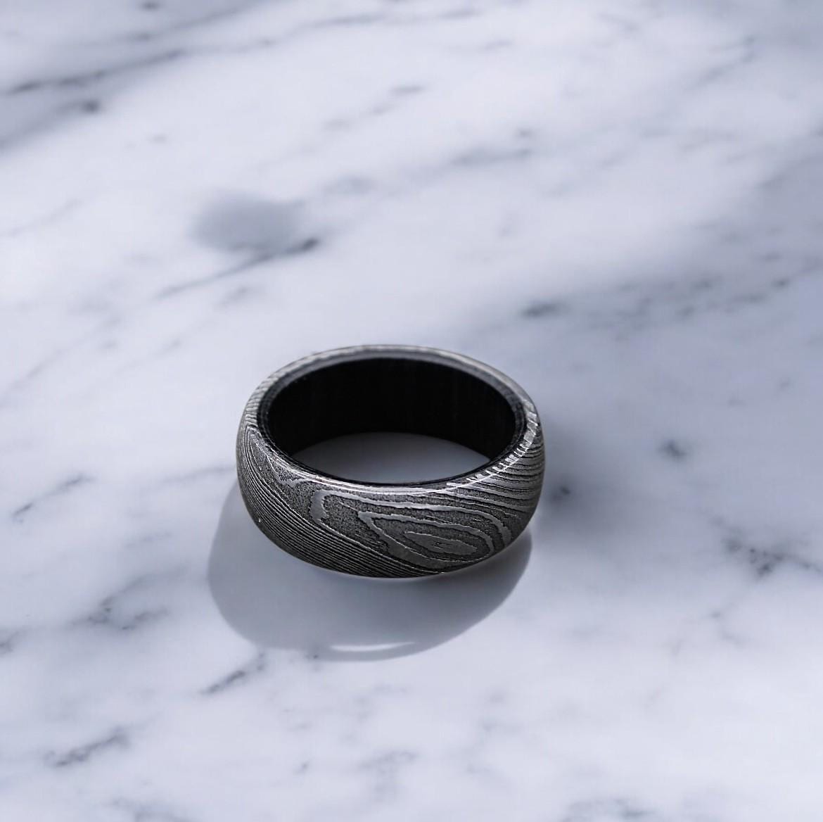 Damascus Steel Whiskey Barrel Ring: Hand Forged Men's Wedding Band