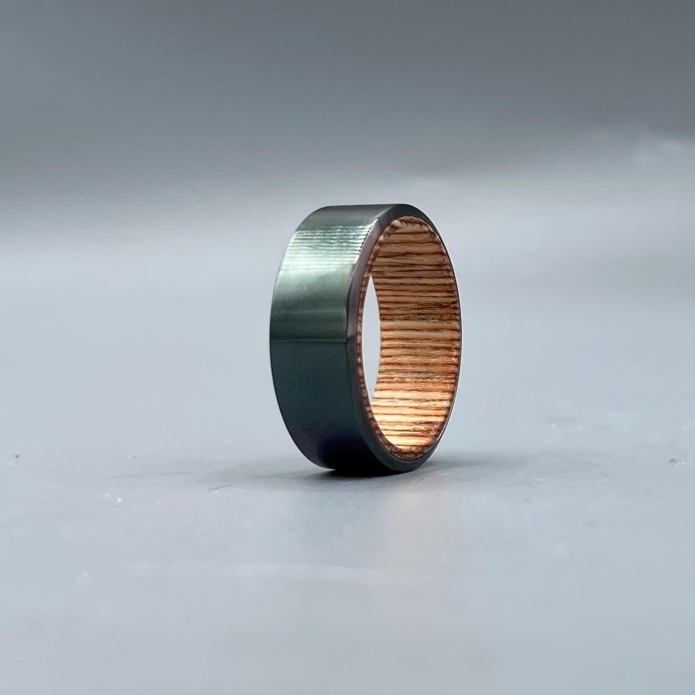 Black Zirconium Whiskey Barrel Ring: Rustic Men's Wedding Band