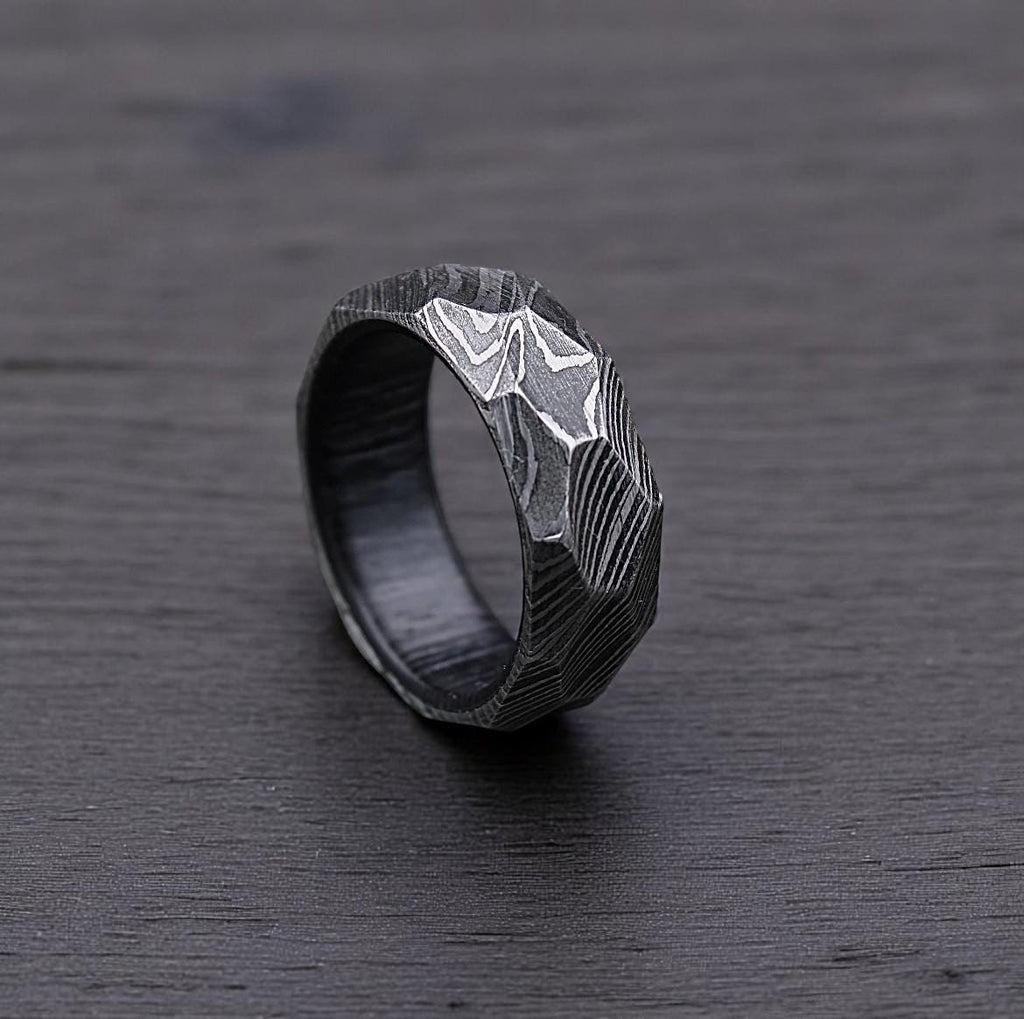 Handmade Damascus Steel Ring: Rock Hammered Twist Wedding Band