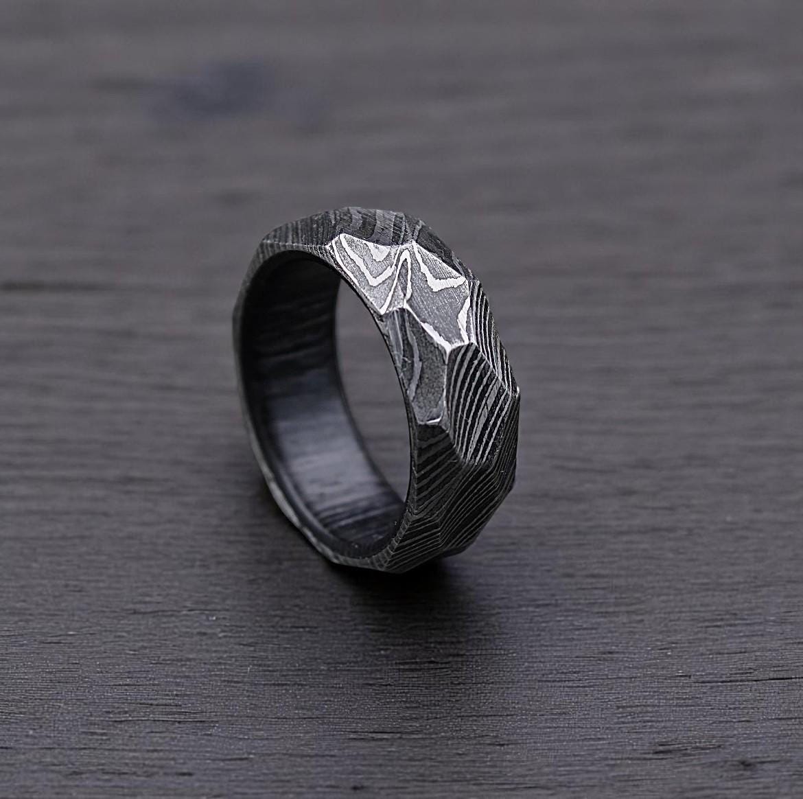 Handmade Damascus Steel Ring: Rock Hammered Twist Wedding Band