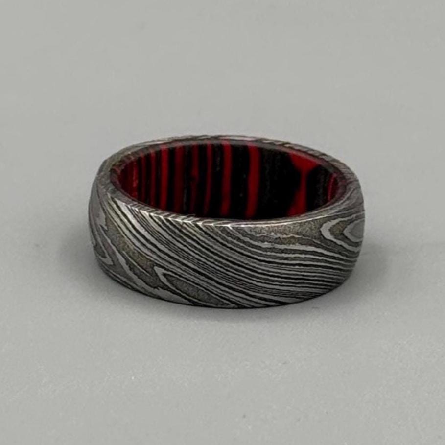Damascus Steel Ring: Whiskey Barrel Wood Inlay, Mens Promise Ring