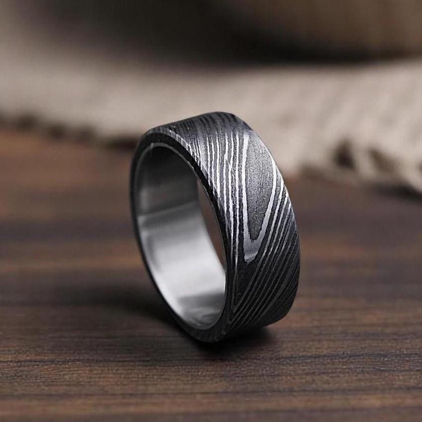 Handmade Damascus Steel Ring: Domed Wedding Band for Him