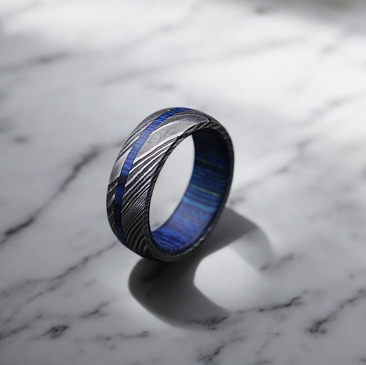 Damascus Steel Wedding Band: Whiskey Barrel Wood Inlay Ring