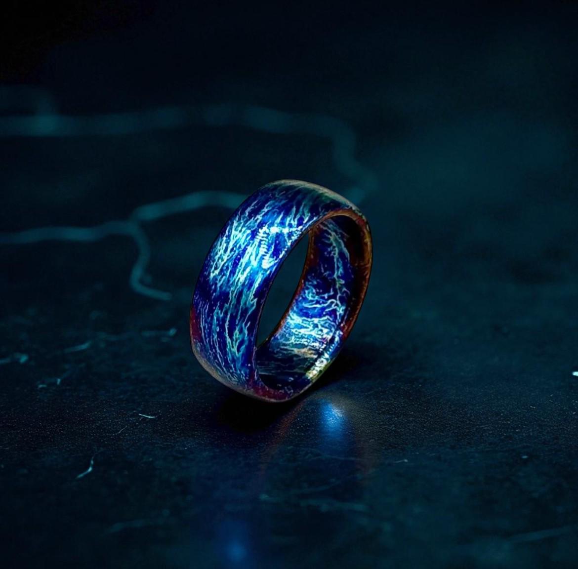 Electric Blue Titanium Ring: Fire Pattern Wedding Band, Bold Statement Jewelry