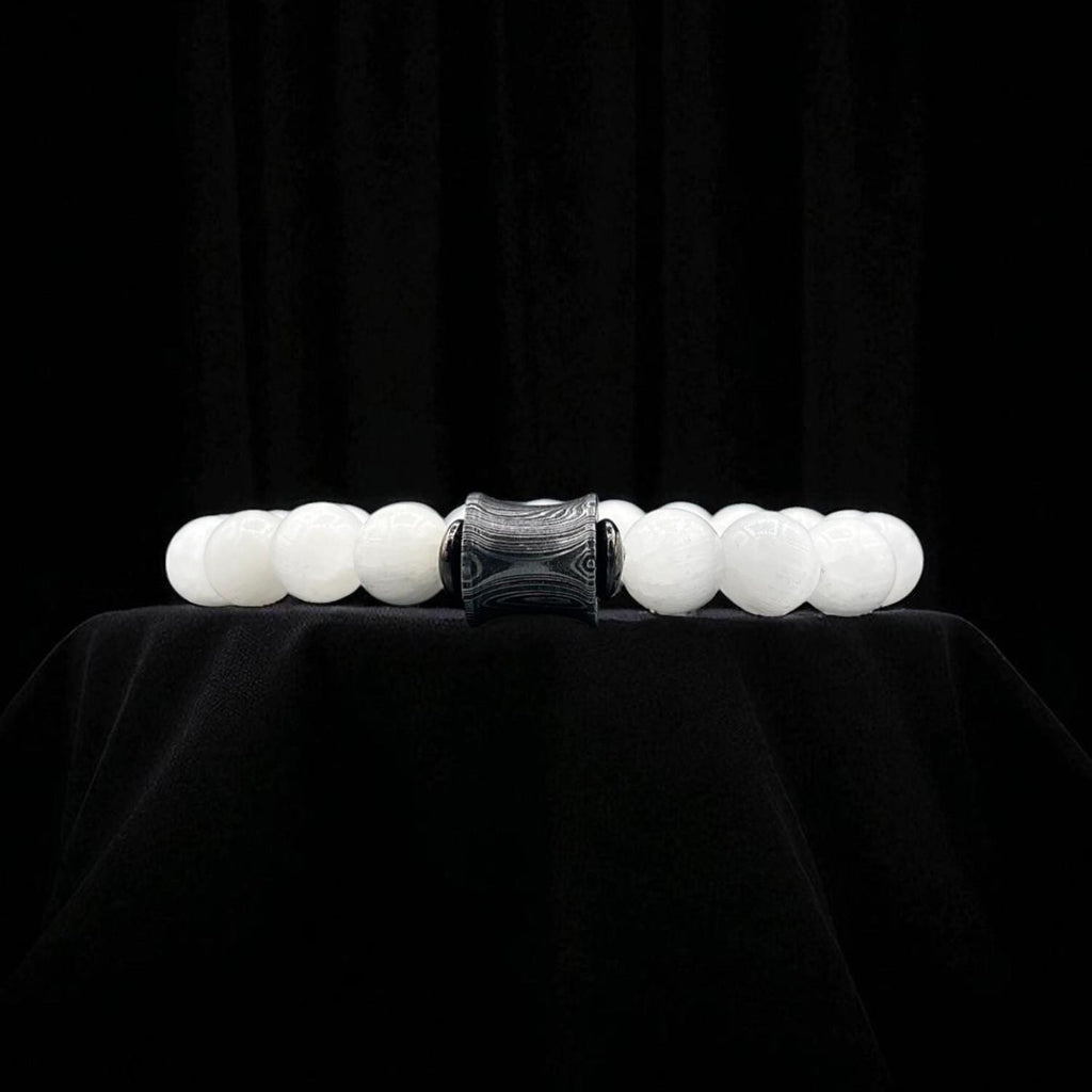 Selenite Bead Bracelet 10mm with Damascus Steel Barrel – Healing Crystal Jewelry with Gift Box.