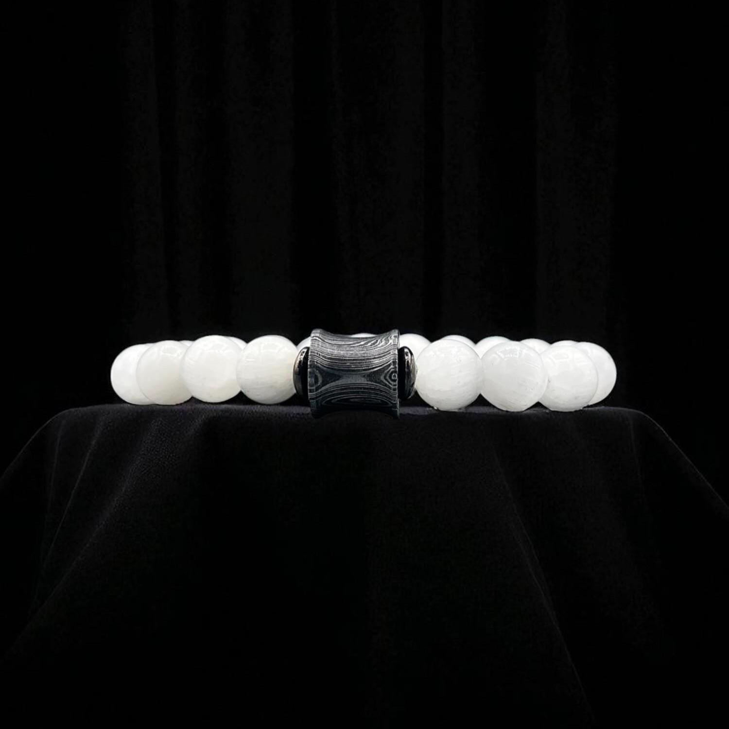 Selenite Bead Bracelet 10mm with Damascus Steel Barrel – Healing Crystal Jewelry with Gift Box.
