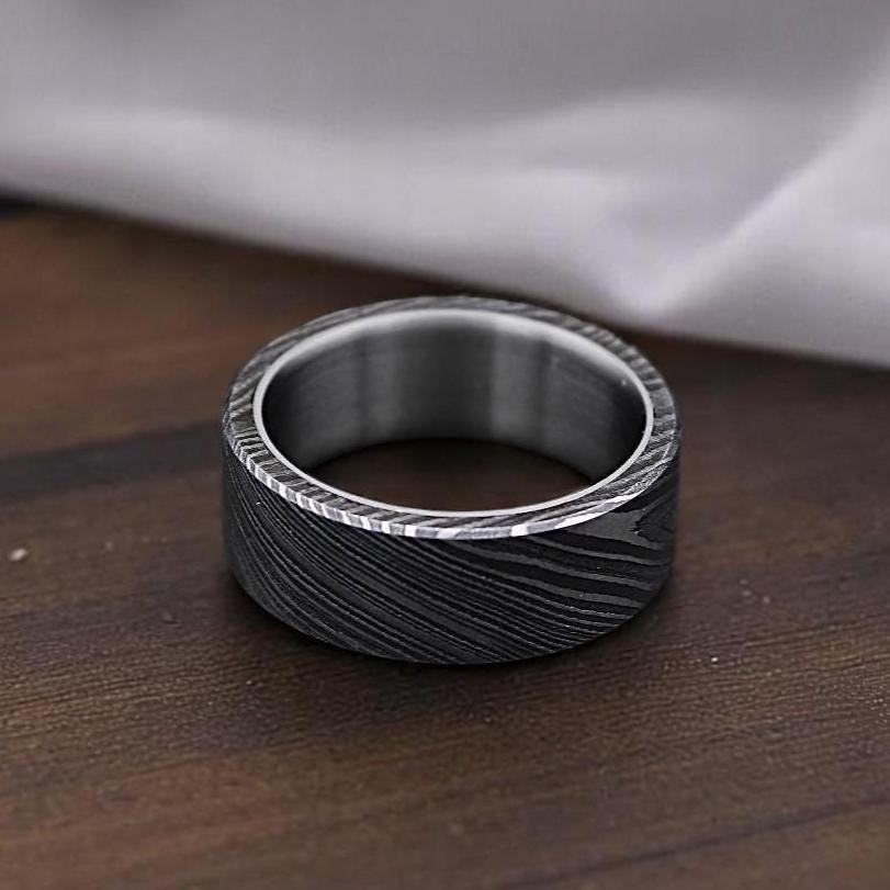 Handmade Damascus Steel Ring: Domed Wedding Band for Him