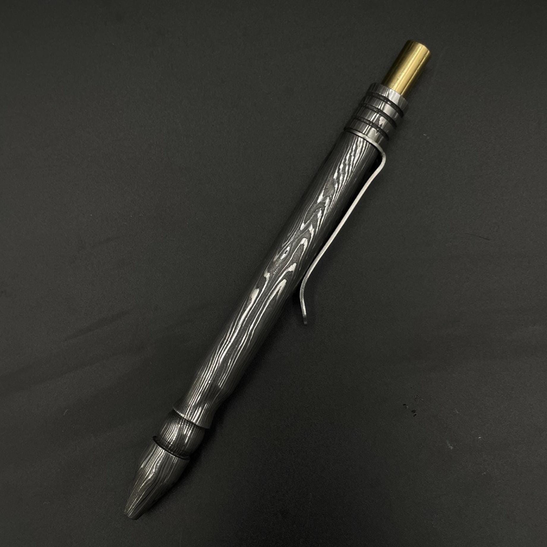 Handmade Damascus Steel Pen: Brass Accents, Luxury Writing Instrument