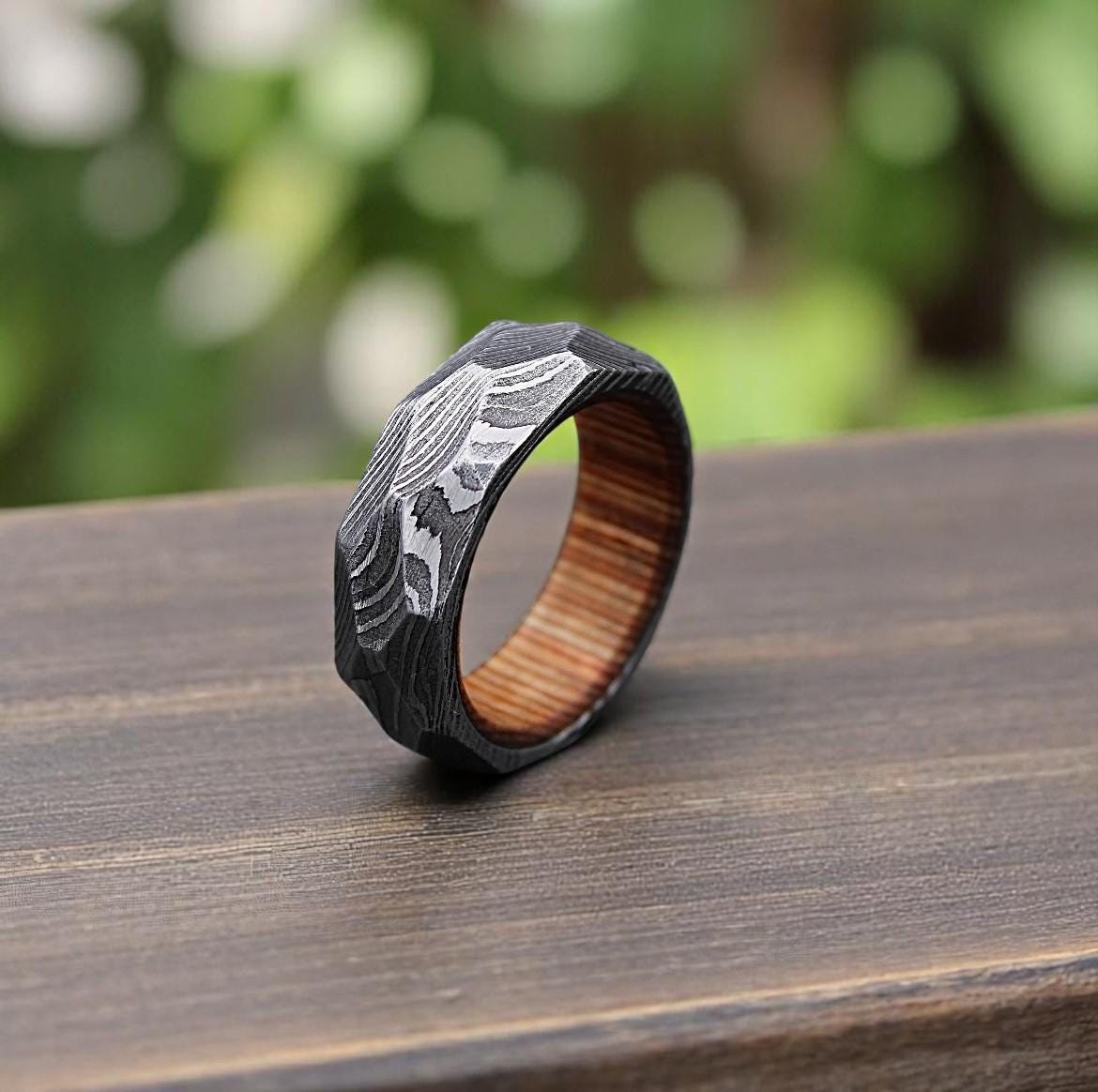 Twist Damascus Steel Ring: Rock Hammered Wedding Band