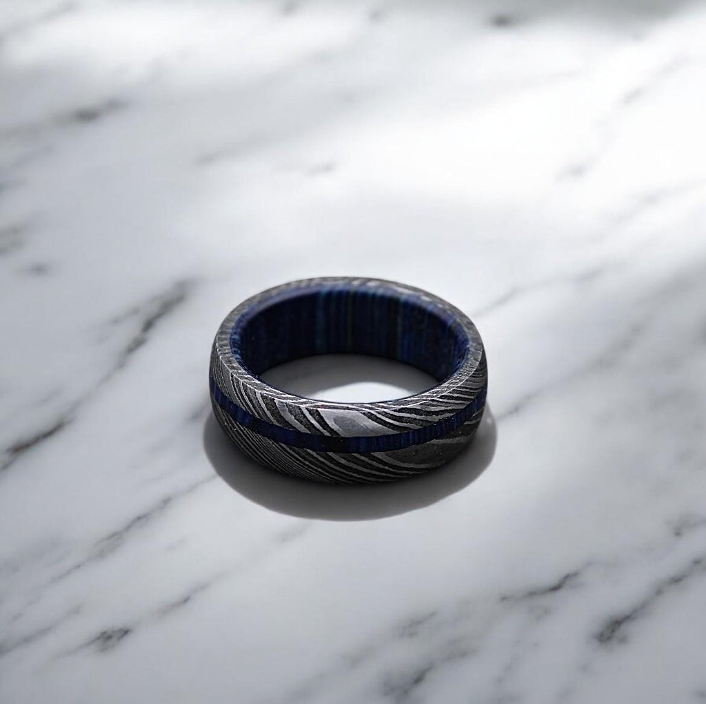 Damascus Steel Wedding Band: Whiskey Barrel Wood Inlay Ring