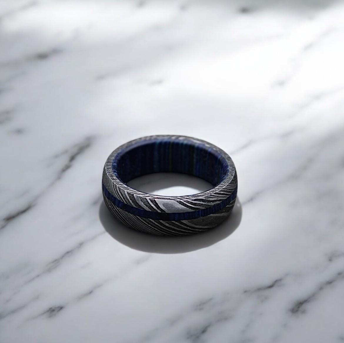 Damascus Steel Wedding Band: Whiskey Barrel Wood Inlay Ring