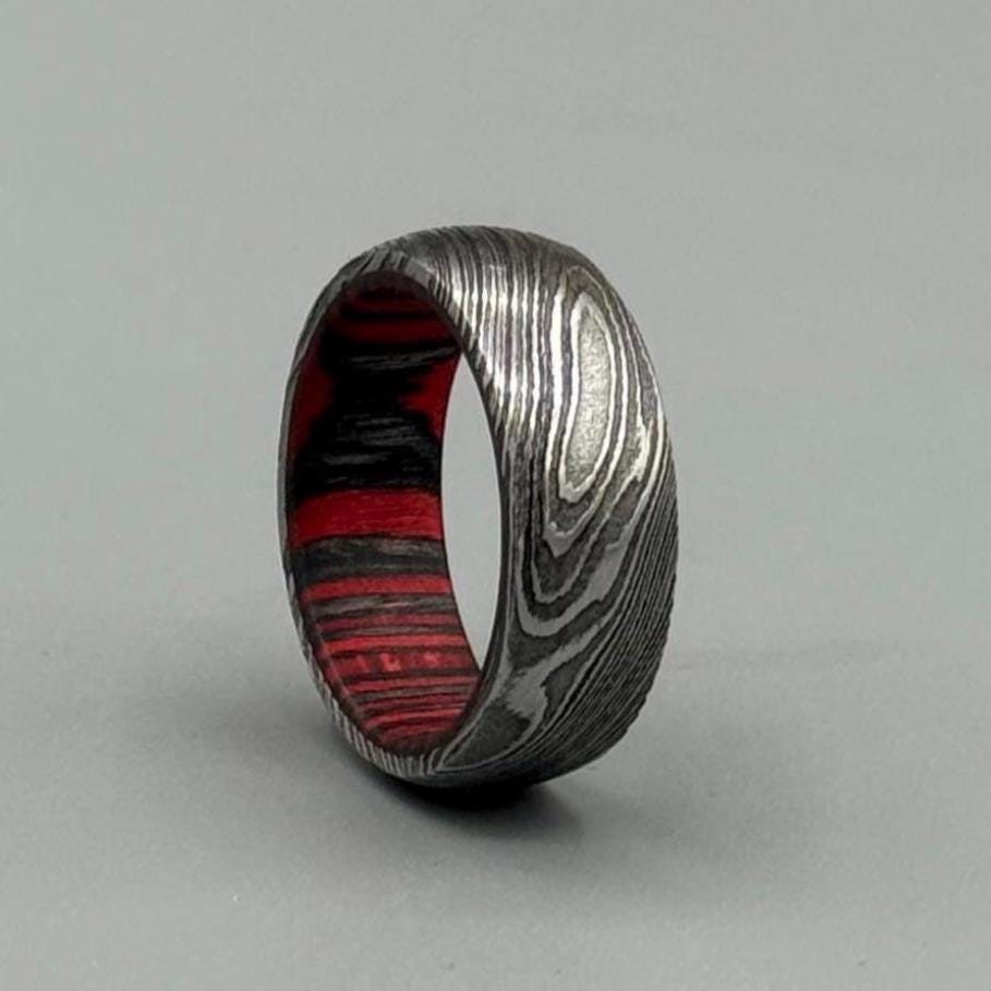 Damascus Steel Ring: Whiskey Barrel Wood Inlay, Mens Promise Ring