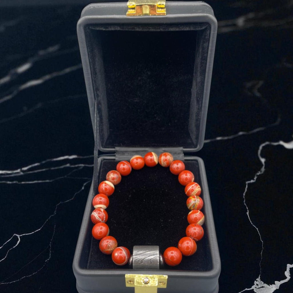 Red Chalcedony Bead Bracelet with Damascus Steel Barrel – Healing Crystal Jewelry with Gift Box.