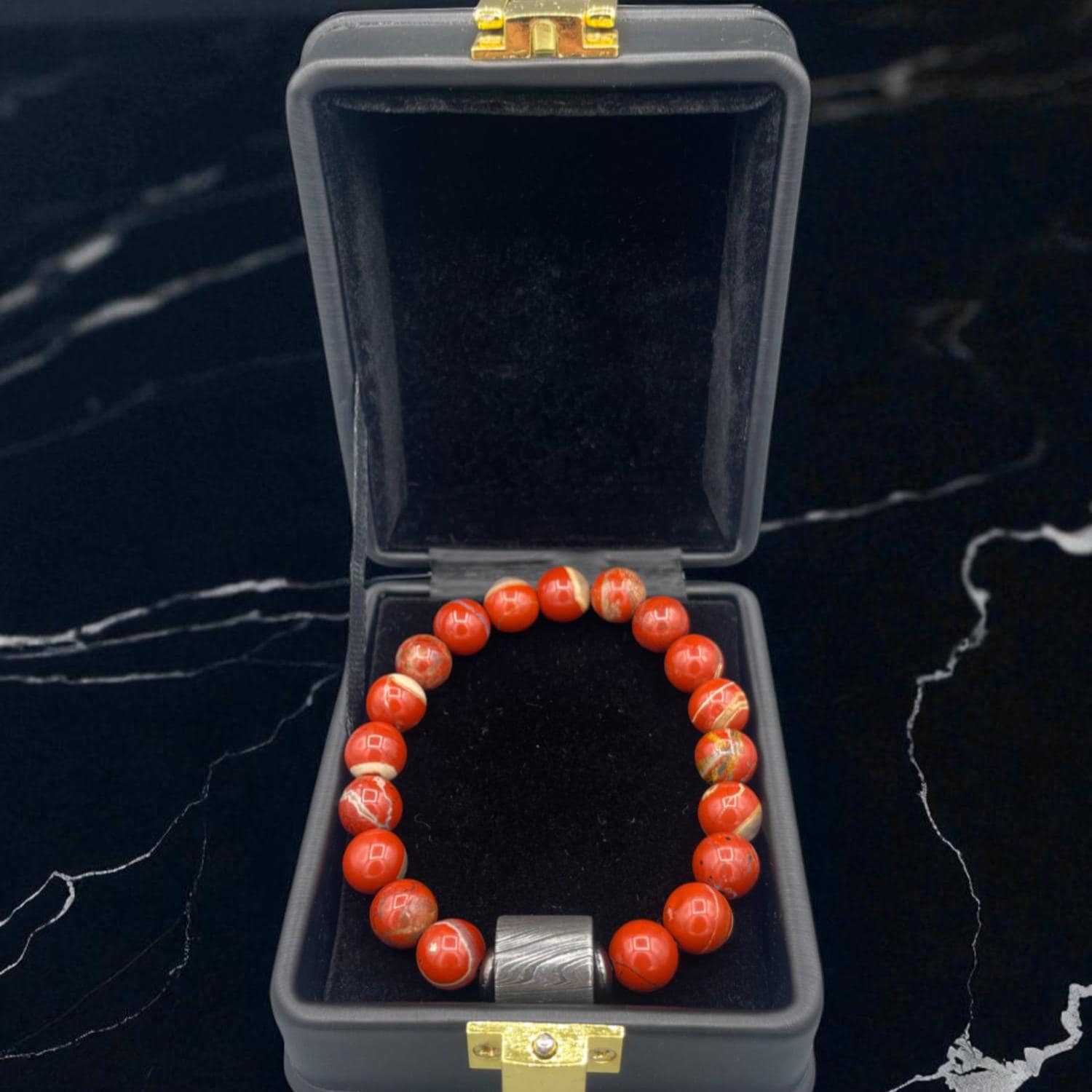 Red Chalcedony Bead Bracelet with Damascus Steel Barrel – Healing Crystal Jewelry with Gift Box.