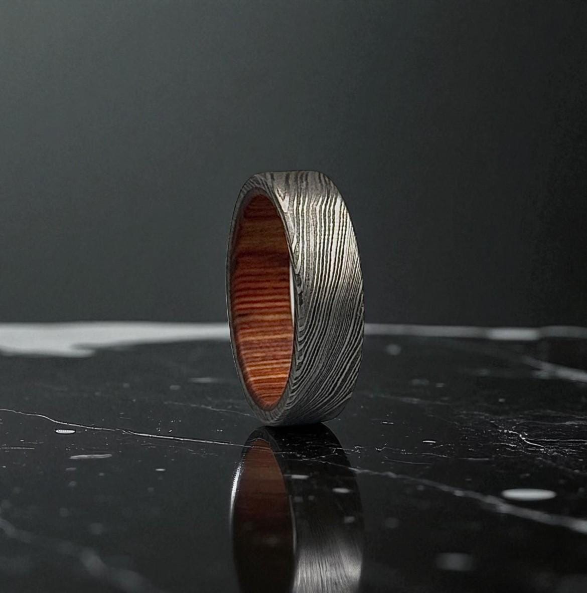 Damascus Steel Ring with Whiskey Barrel Wood Liner: Rustic Wedding Band