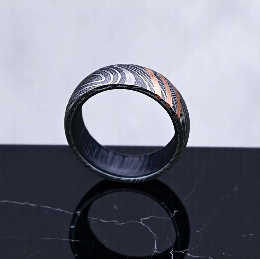 Damascus Steel Ring with Whiskey Barrel Wood Inlay