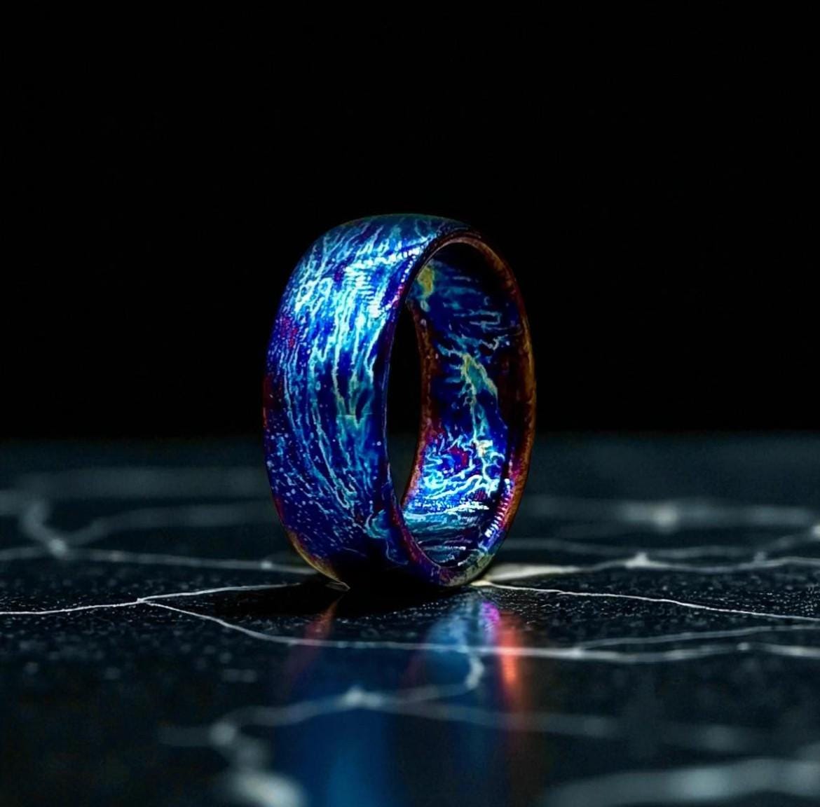 Electric Blue Titanium Ring: Fire Pattern Wedding Band, Bold Statement Jewelry