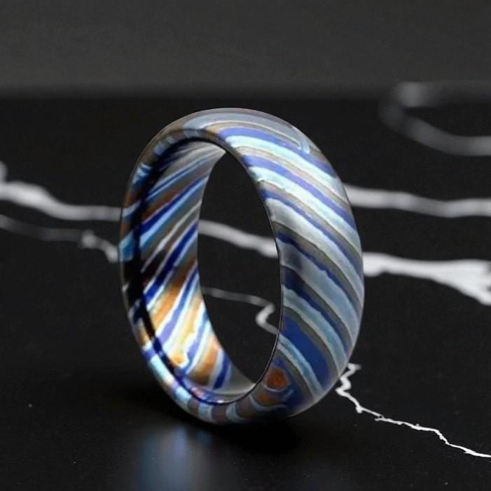 Handmade Zirconium Damascus Ring: Unique Black Wedding Band