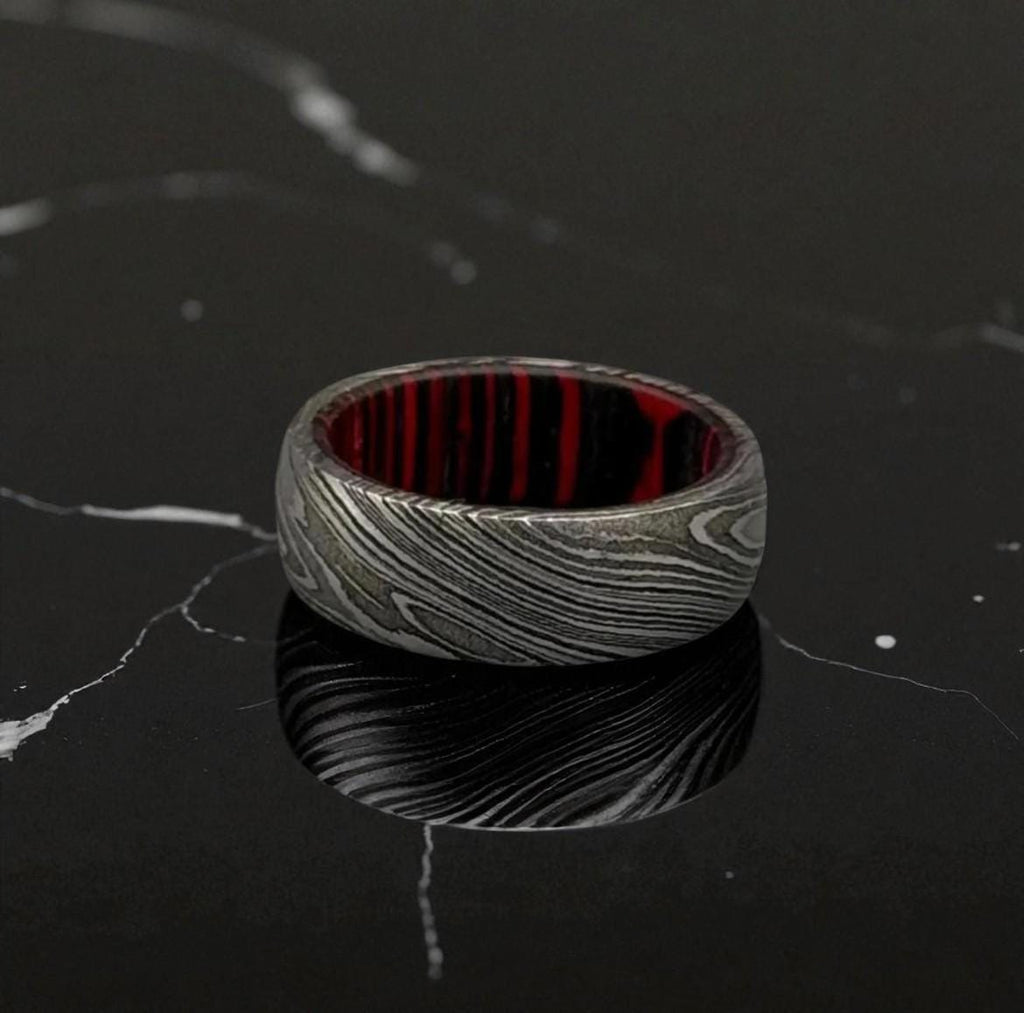 Damascus Steel Ring with Red Liner: Gothic Men's Wedding Band