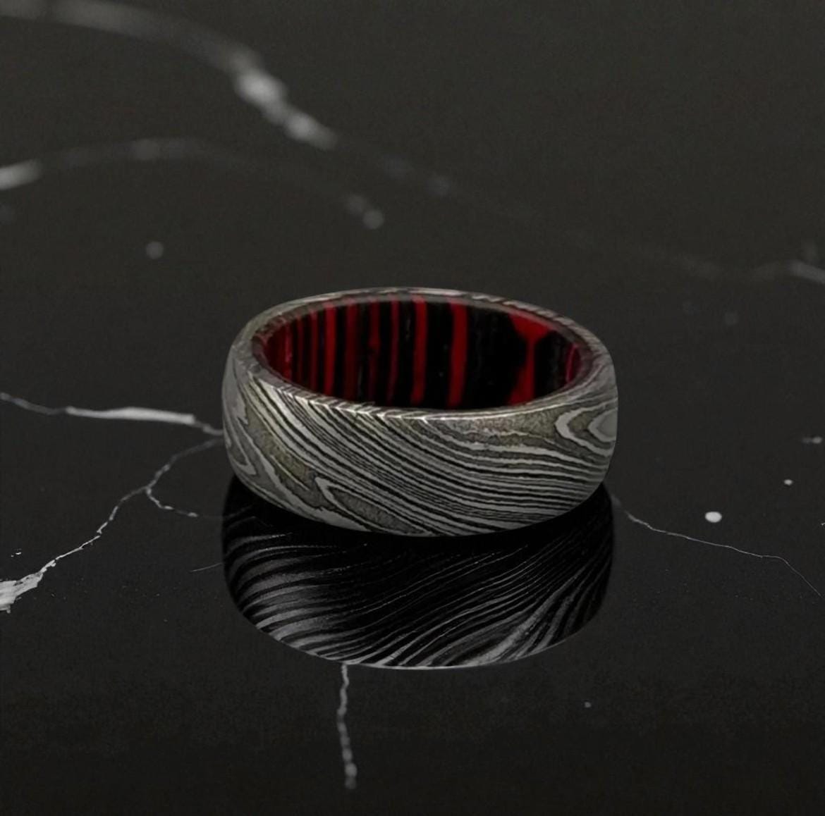 Damascus Steel Ring with Red Liner: Gothic Men's Wedding Band