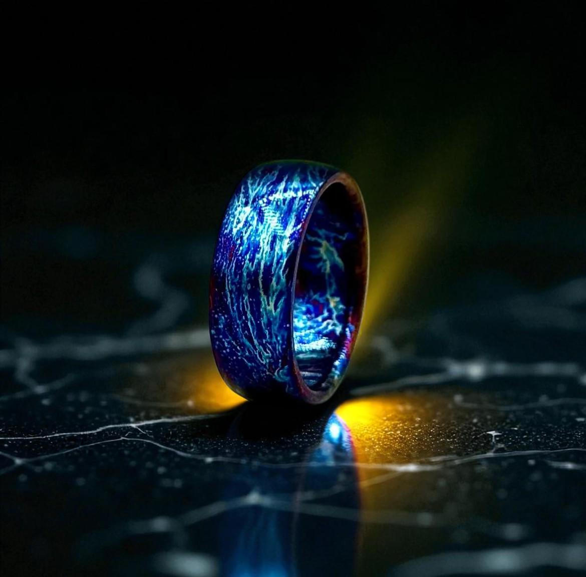 Electric Blue Titanium Ring: Fire Pattern Wedding Band, Bold Statement Jewelry