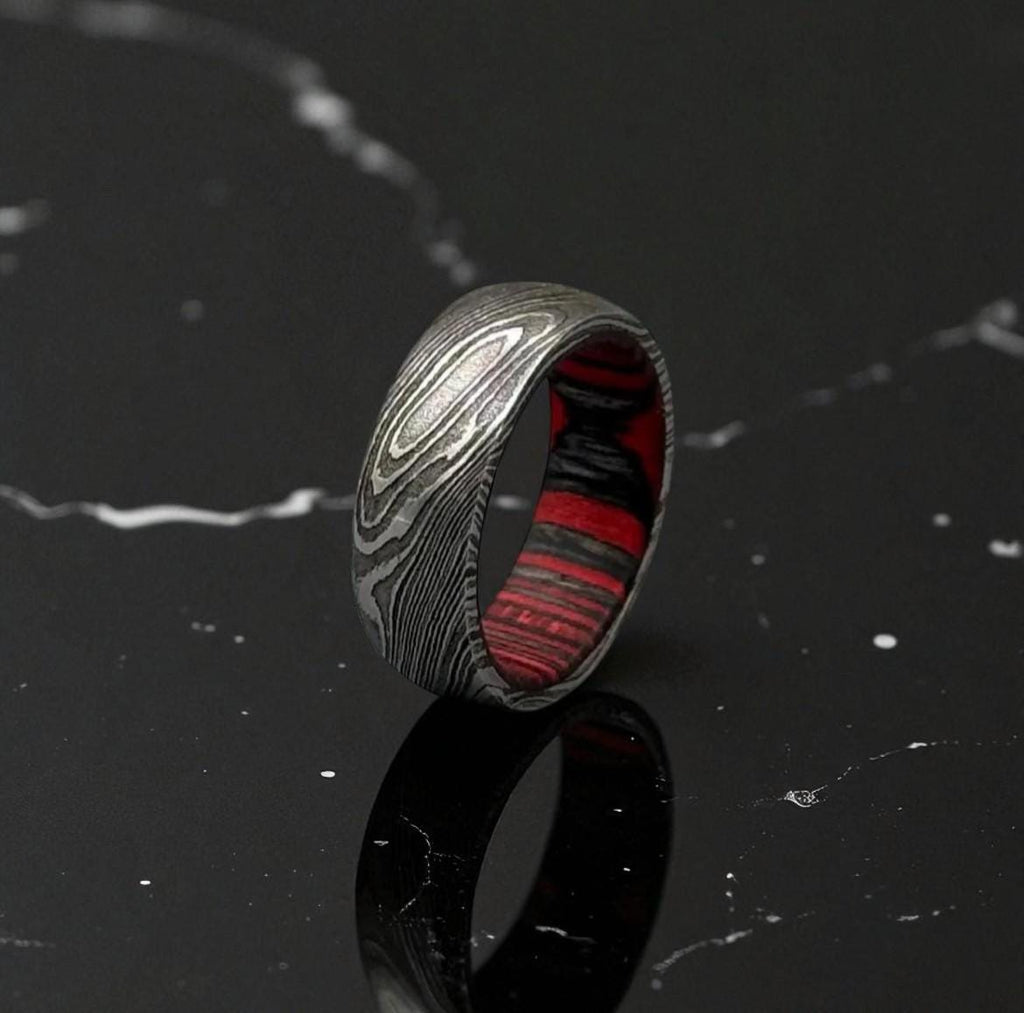 Damascus Steel Ring with Red Liner: Gothic Men's Wedding Band