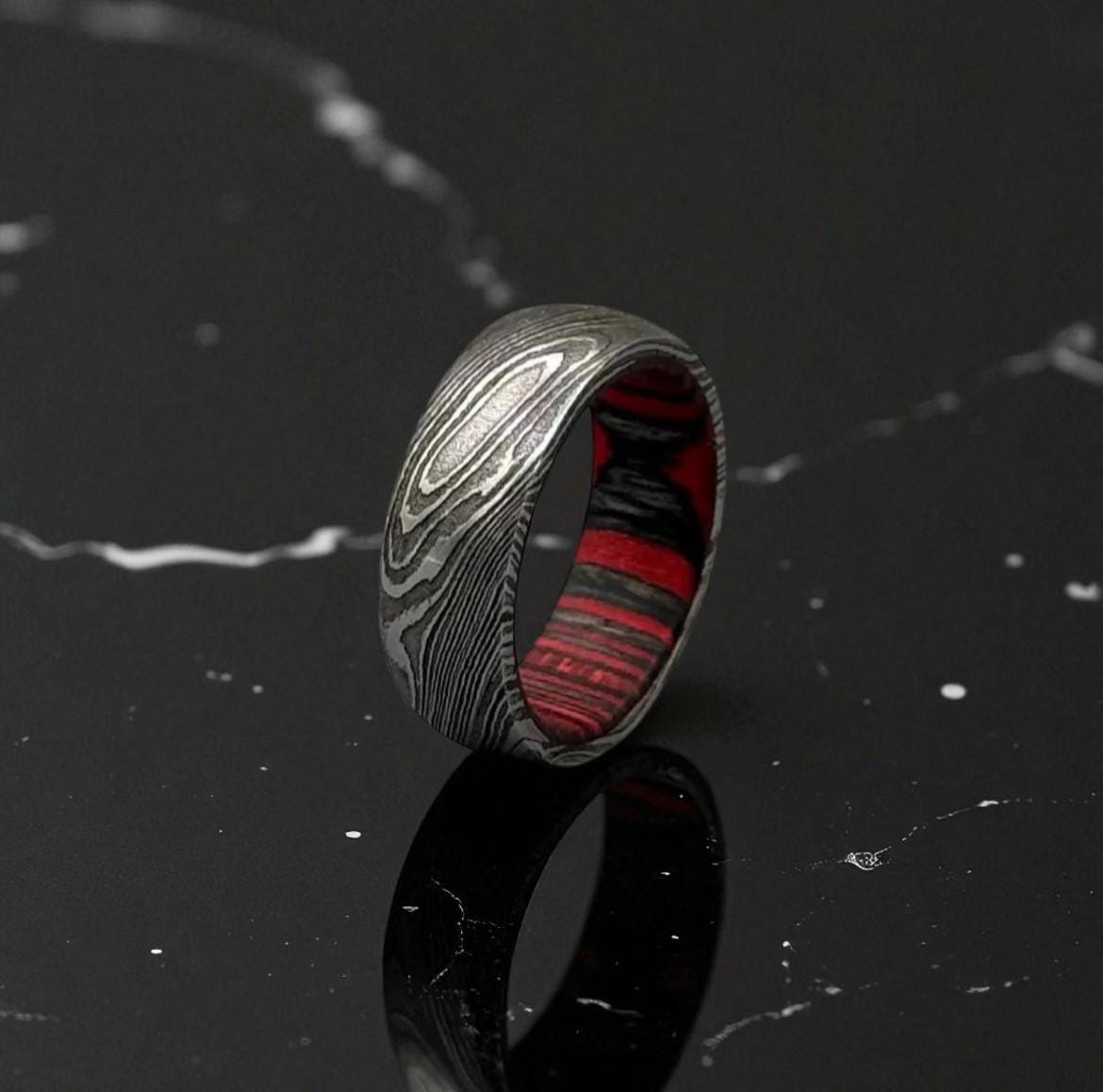 Damascus Steel Ring with Red Liner: Gothic Men's Wedding Band