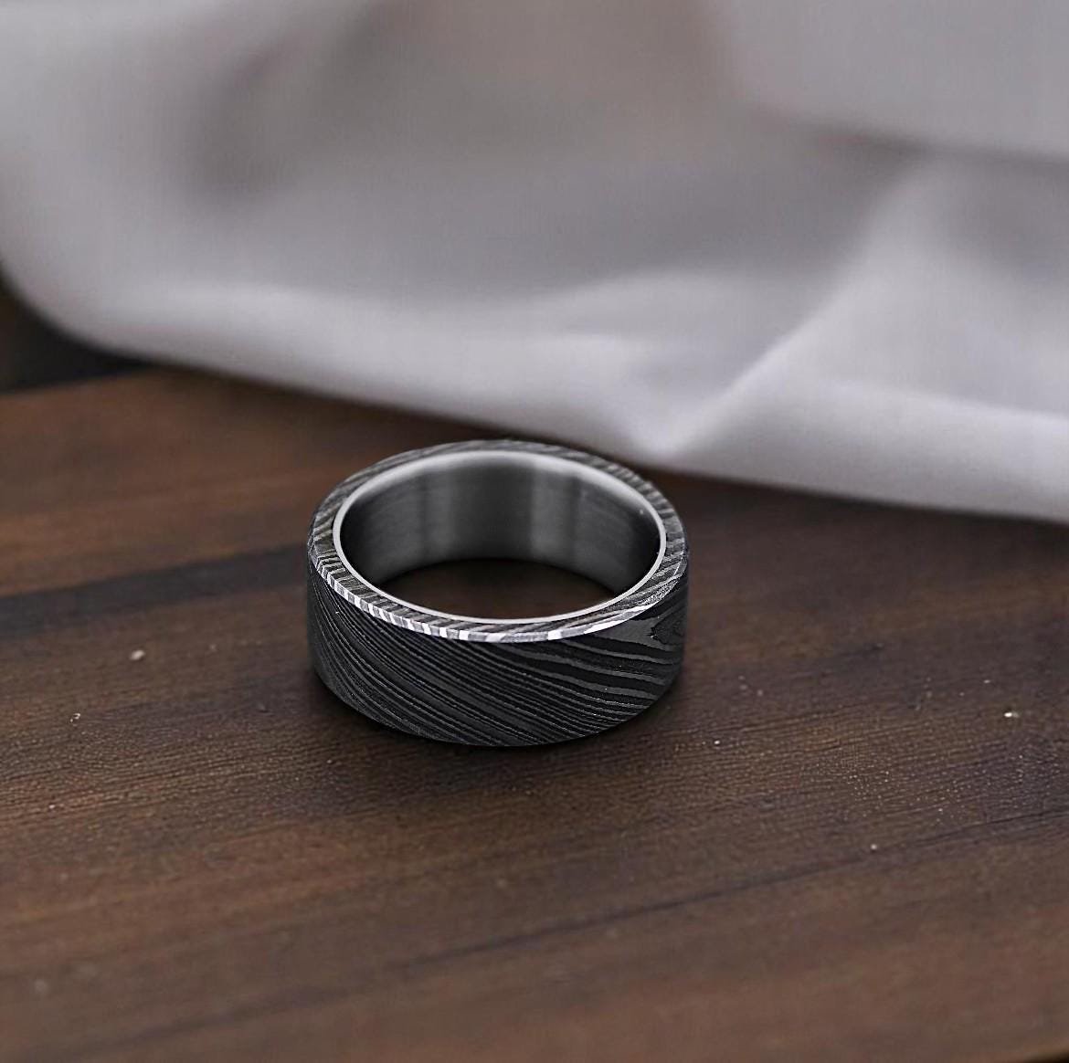 Hand Forged Damascus Steel Ring: Titanium Wood Wedding Band
