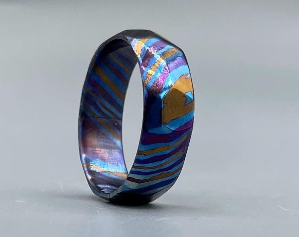 Anodized Timascus Ring: Multicolor Titanium Damascus Wedding Band