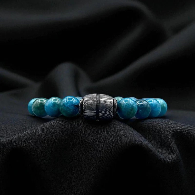 Apatite Gemstone Bracelet with Damascus Steel Barrel + Gift Box | Men’s Beaded Jewelry.