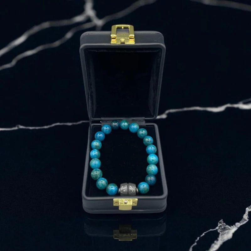 Apatite Gemstone Bracelet with Damascus Steel Barrel + Gift Box | Men’s Beaded Jewelry.