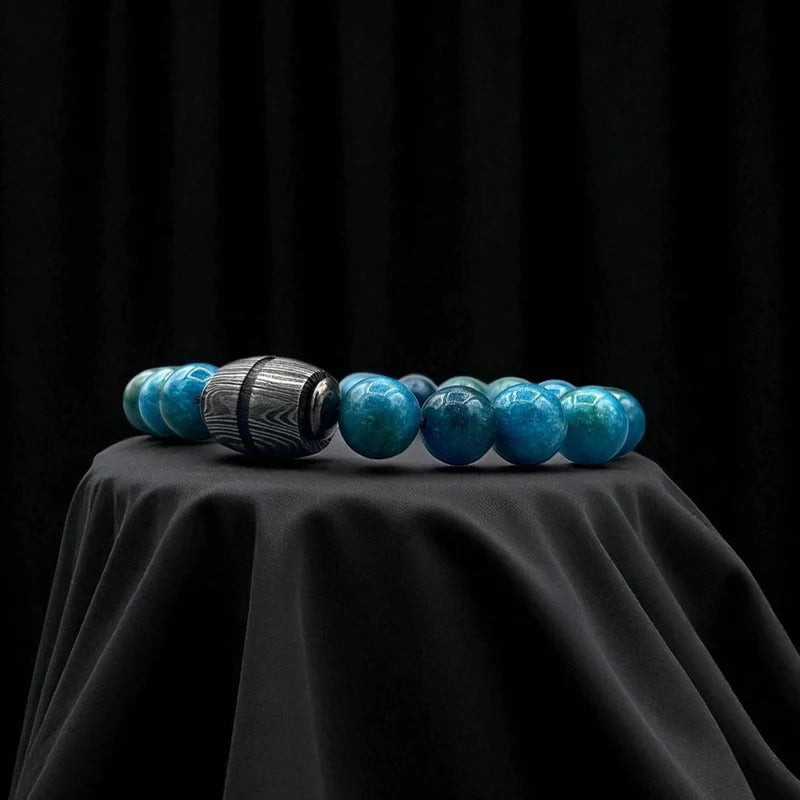Apatite Gemstone Bracelet with Damascus Steel Barrel + Gift Box | Men’s Beaded Jewelry.