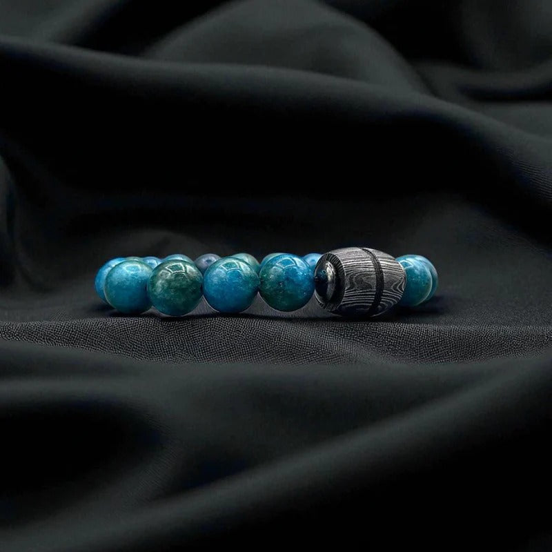 Apatite Gemstone Bracelet with Damascus Steel Barrel + Gift Box | Men’s Beaded Jewelry.