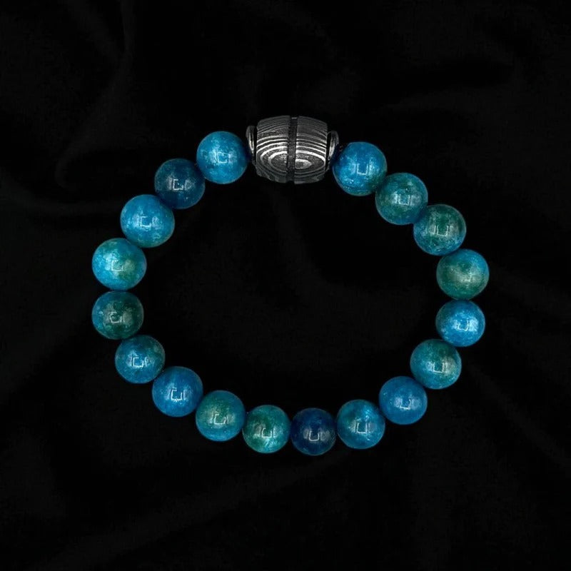 Apatite Gemstone Bracelet with Damascus Steel Barrel + Gift Box | Men’s Beaded Jewelry.