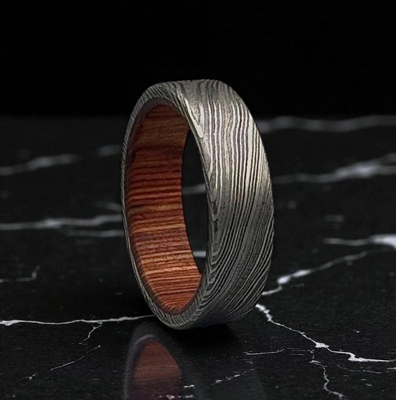 Damascus Ring with Whiskey Barrel Wood – Rustic Men’s Wedding Band – Handmade Steel & Oak Ring.