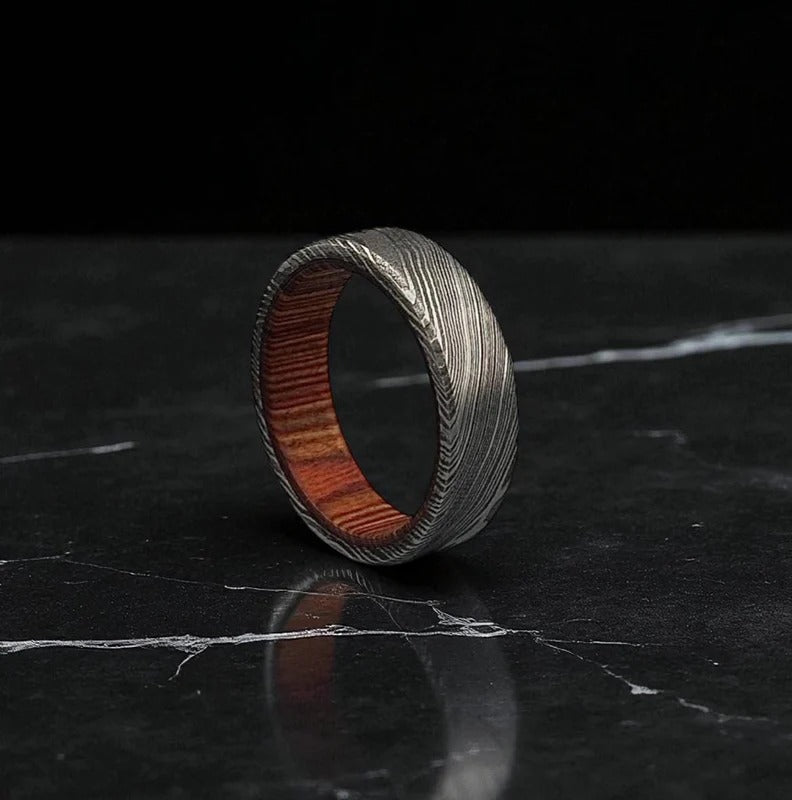 Damascus Ring with Whiskey Barrel Wood – Rustic Men’s Wedding Band – Handmade Steel & Oak Ring.