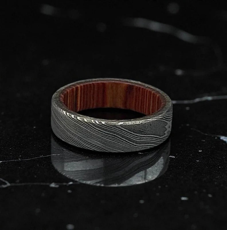 Damascus Ring with Whiskey Barrel Wood – Rustic Men’s Wedding Band – Handmade Steel & Oak Ring.