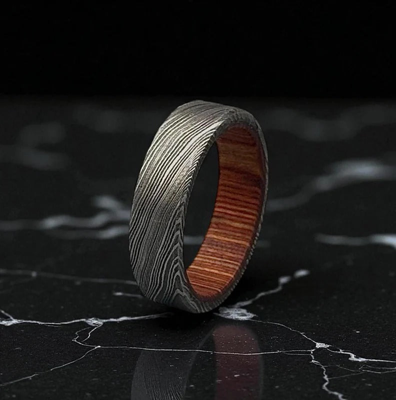 Damascus Ring with Whiskey Barrel Wood – Rustic Men’s Wedding Band – Handmade Steel & Oak Ring.
