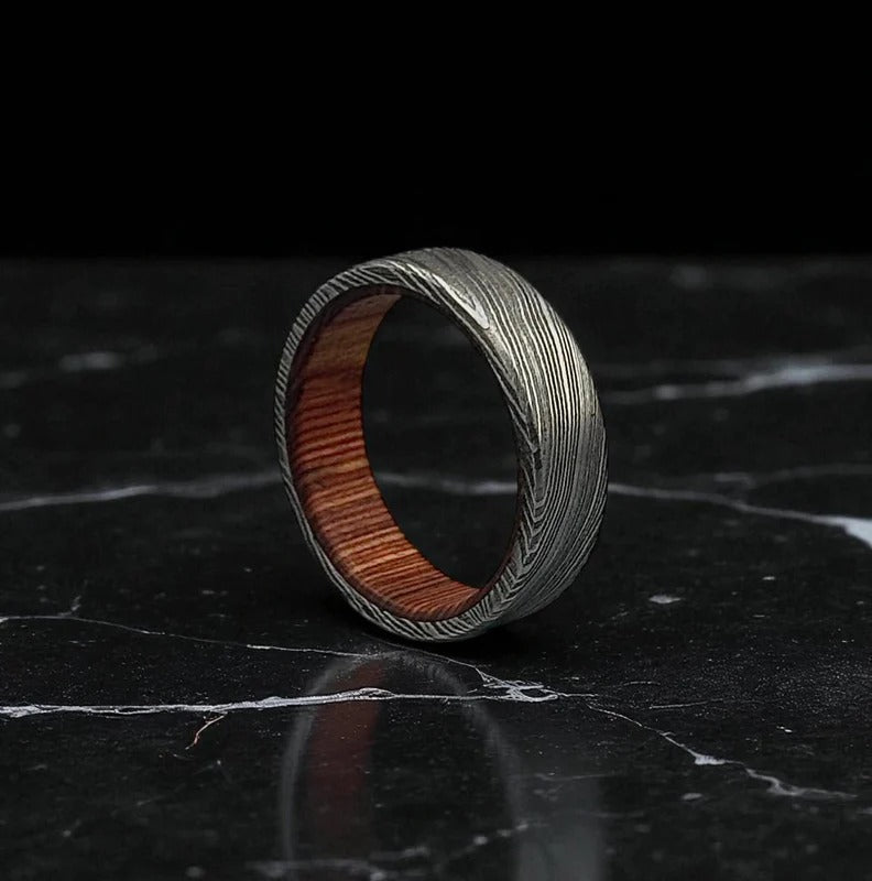 Damascus Ring with Whiskey Barrel Wood – Rustic Men’s Wedding Band – Handmade Steel & Oak Ring.