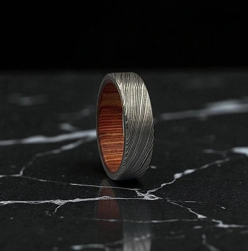 Damascus Ring with Whiskey Barrel Wood – Rustic Men’s Wedding Band – Handmade Steel & Oak Ring.