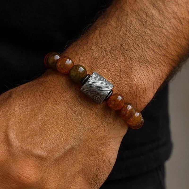 Damascus Steel & Amber Brown Agate Bead Bracelet with Gift Box – Handmade Gemstone Jewelry.