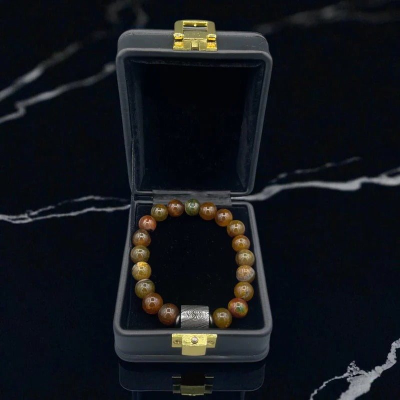 Damascus Steel & Amber Brown Agate Bead Bracelet with Gift Box – Handmade Gemstone Jewelry.