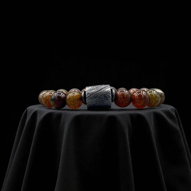 Damascus Steel & Amber Brown Agate Bead Bracelet with Gift Box – Handmade Gemstone Jewelry.