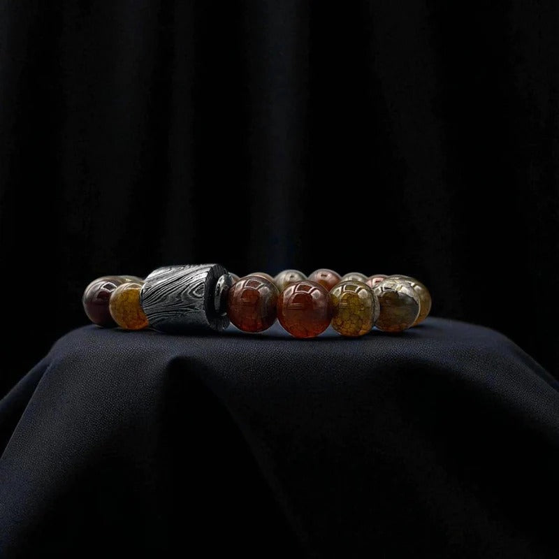 Damascus Steel & Amber Brown Agate Bead Bracelet with Gift Box – Handmade Gemstone Jewelry.