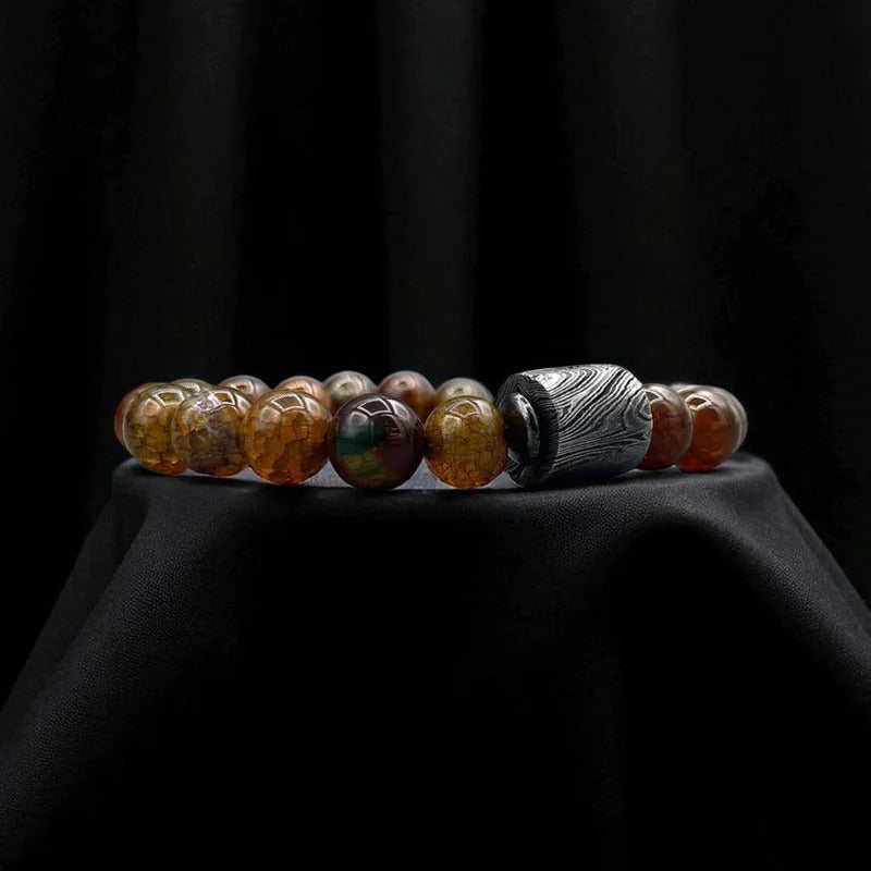 Damascus Steel & Amber Brown Agate Bead Bracelet with Gift Box – Handmade Gemstone Jewelry.