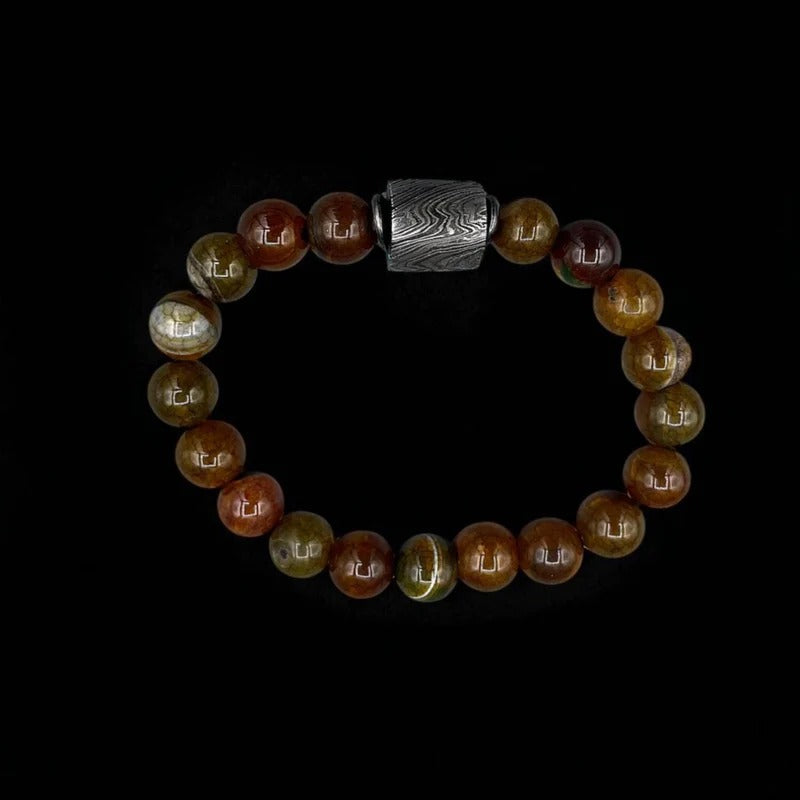 Damascus Steel & Amber Brown Agate Bead Bracelet with Gift Box – Handmade Gemstone Jewelry.